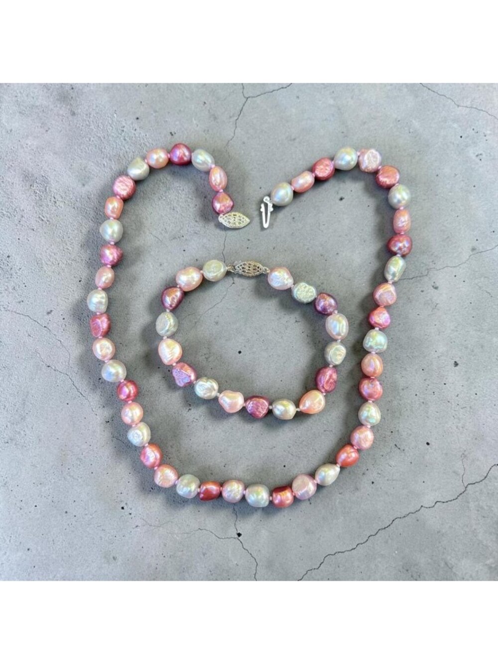 Vintage IPS Cultured Pearl Necklace & Bracelet 925 Set Multicolor Baroque Pearls